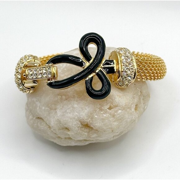 Swan SWAROVSKI Crystal Rhinestone Gold Mesh Black Enamel Bow Bracelet - Picture 2 of 10